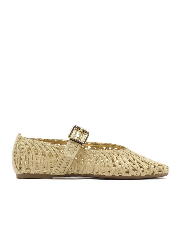 Beige Straw-patterned Mary Jane Ballerina