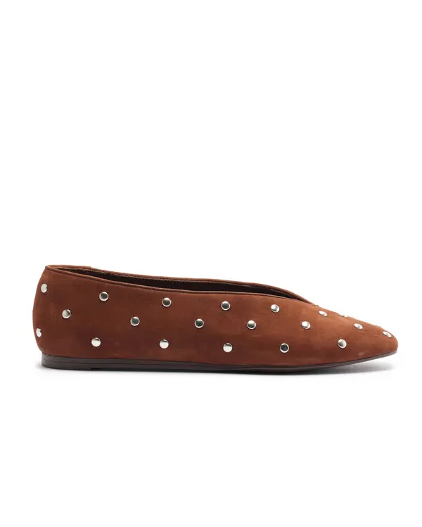 Brown Suede V-Shaped Ballerina with Rivets