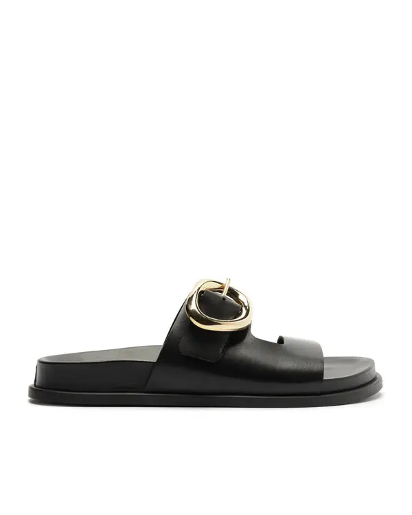 Black Leather Papete Slipper with Organic Buckle