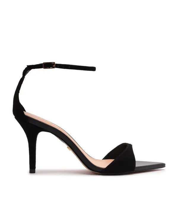 Black Suede Pointed-Toe Ankle-Strap Heeled Sandal