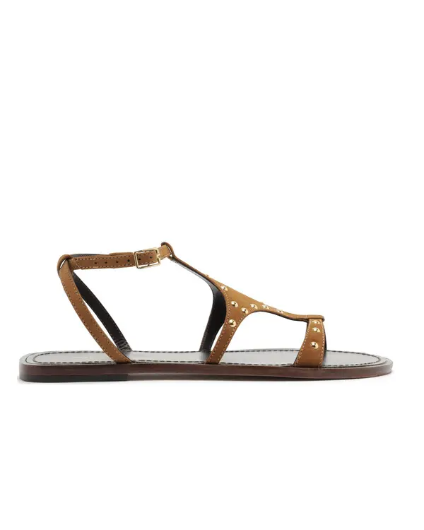 Brown Studded Suede Flat Sandal with Cutout