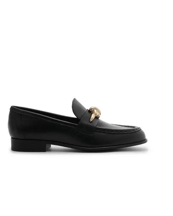 Black Leather Loafer with Round Toe and Metal Knot Detail