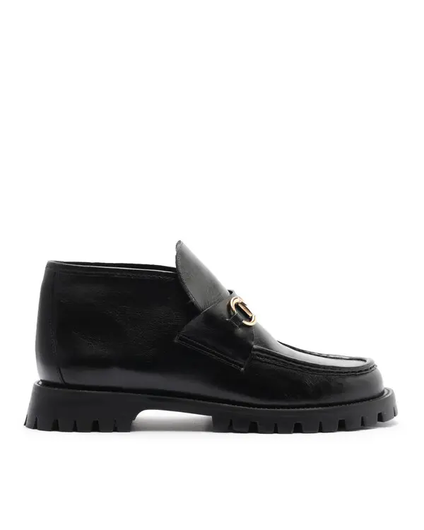 Black Leather Loafers Ankle Boots with Tractor Sole