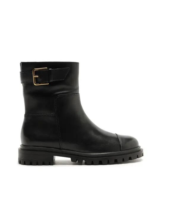 Black Leather Ankle Boot with Lug Sole and Buckle