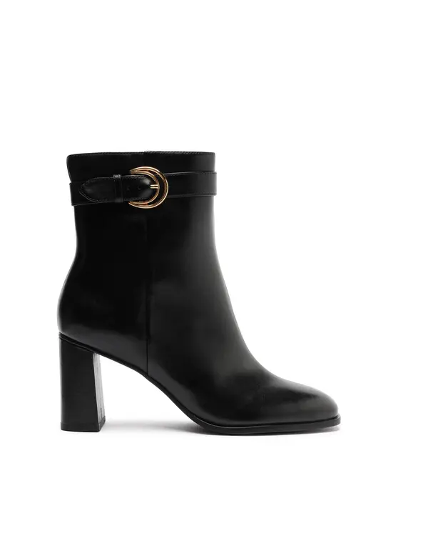 Black Leather Ankle Boot with Medium Block Heel and Buckle