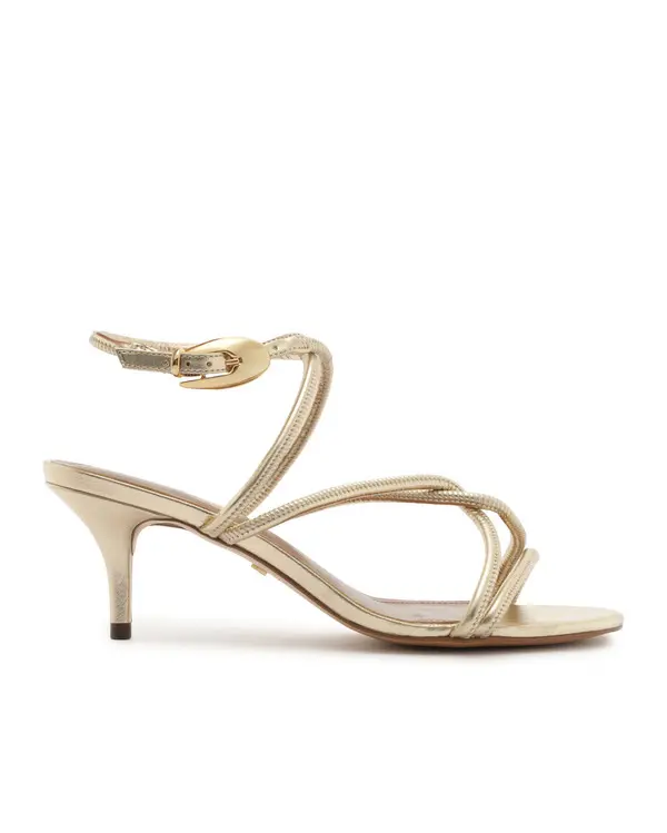 Gold Metallic Tubular Strappy Kitten Heels