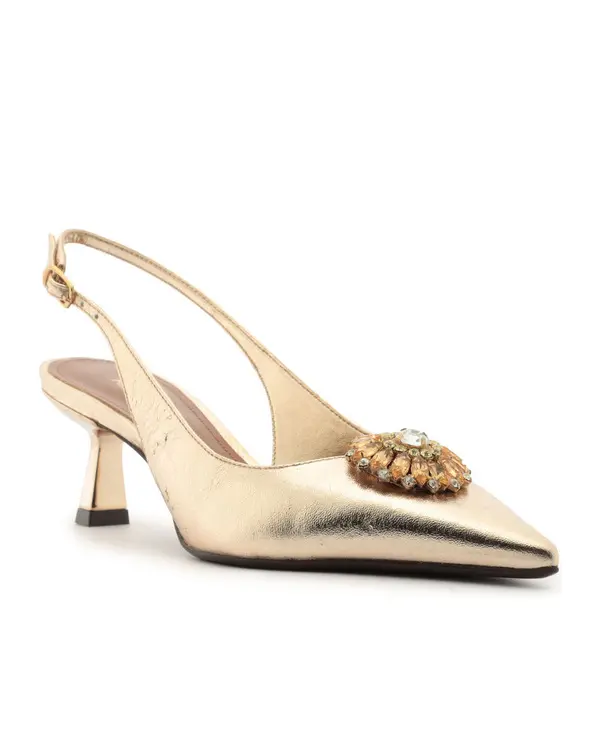 Gold Leather Slingback Pump with Rhinestone Detail 