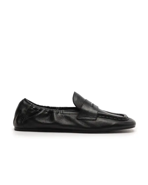 Black Leather Square Toe Elasticated Loafers