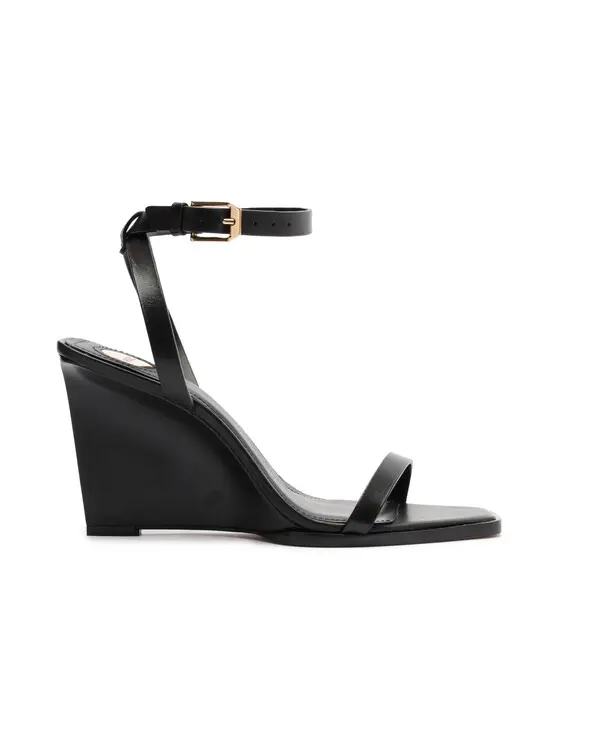 Black Leather Ankle-Strap Wedge Sandal