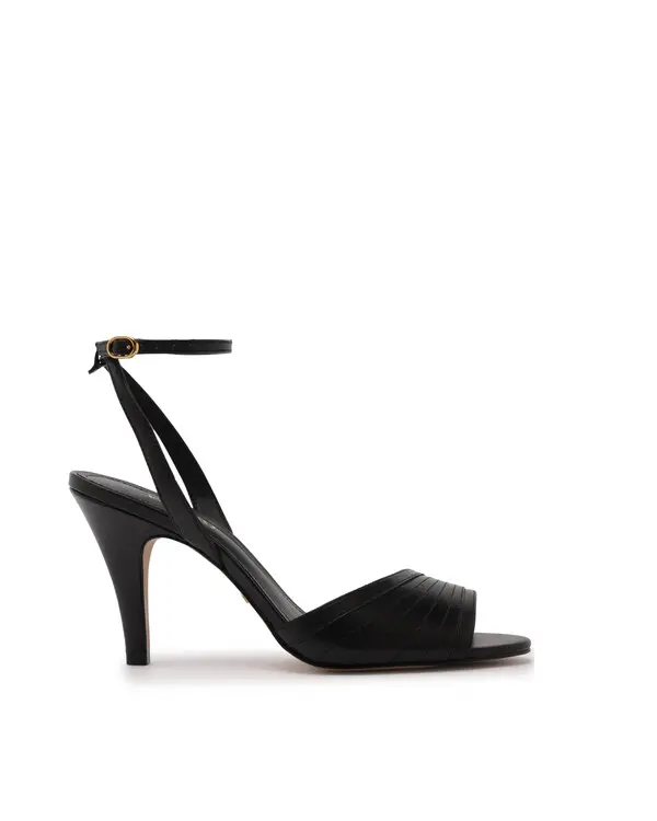 Black Leather Ankle-Strap Stiletto Sandal With Strappy Stitching