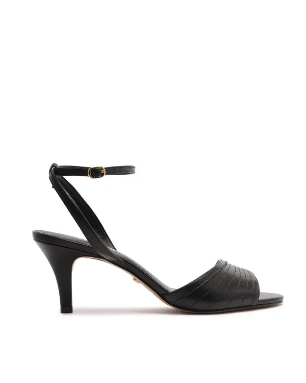 Black Pleated Ankle-Strap Kitten Heel Sandal