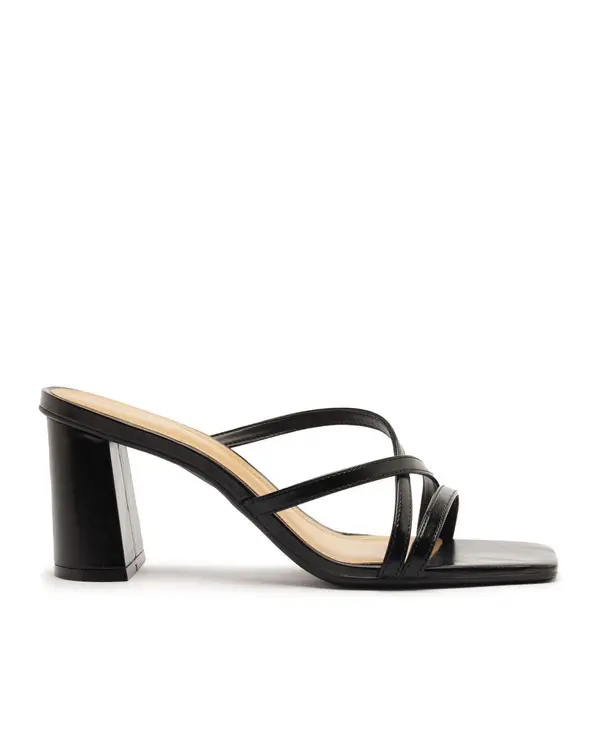 Black Strappy Square-Toe Block Heel Mule