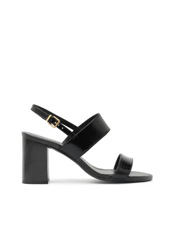 Black Leather Block Heel Sandal with Double Wide Straps