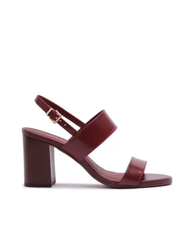 Wine Leather Block Heel Sandal with Double Wide Straps
