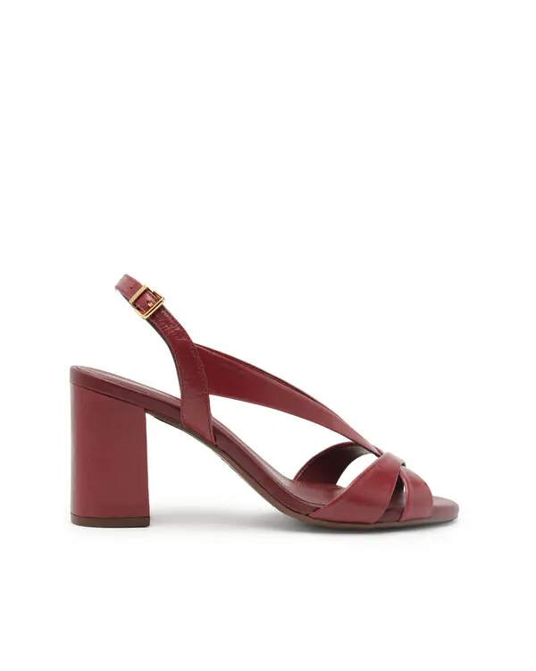 Red Leather V-strap Block Heel Sandals