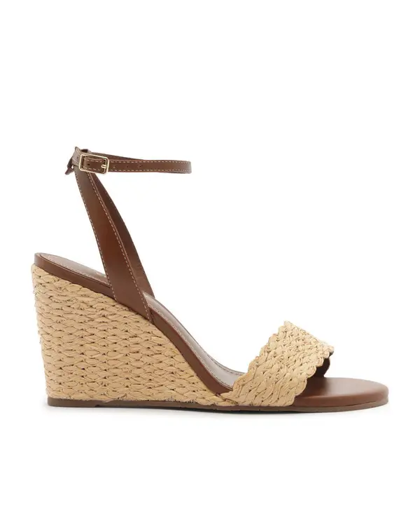 Brown Leather Sandal with Straw Wedge Heel