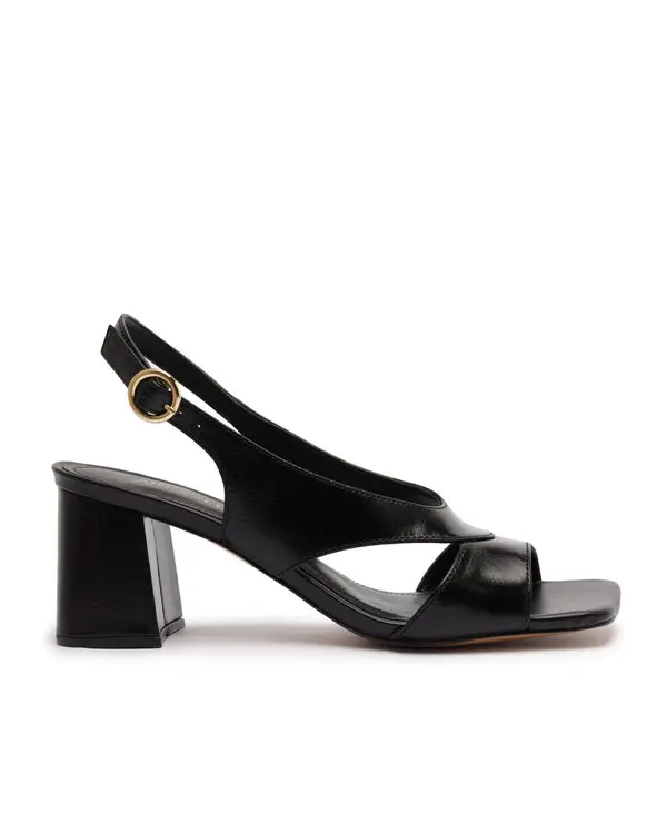 Black Leather Slingback Block Heel Sandal