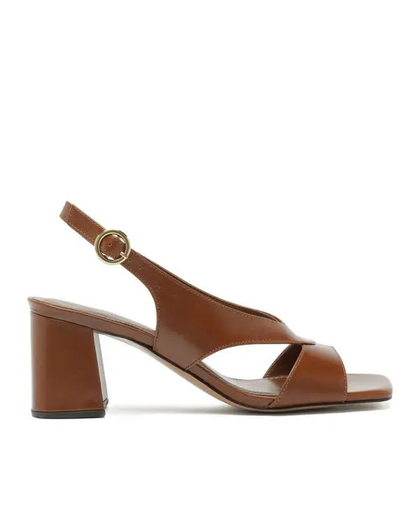 Brown Leather Slingback Block Heel Sandal