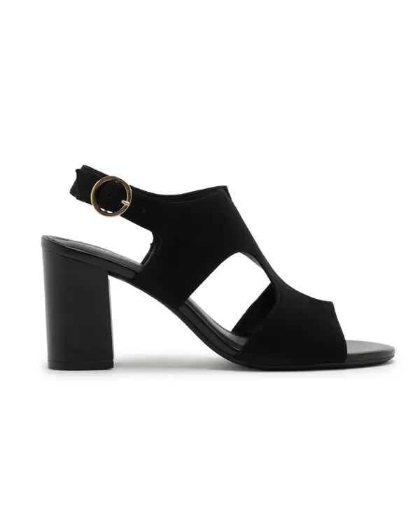 Black Nubuck Sandal with Block Heel and Cutouts