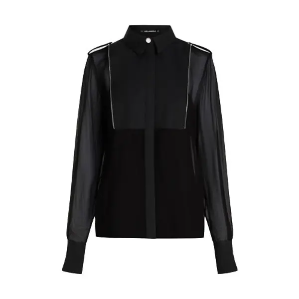 Sheer Chiffon Button-Up Shirt with Metallic Piping