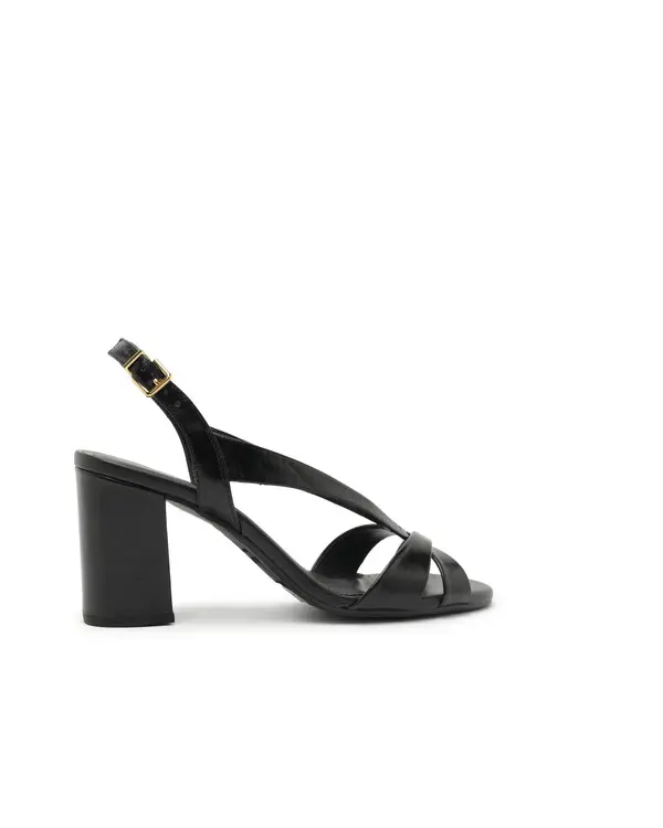 Black Leather V-strap Block Heel Sandals