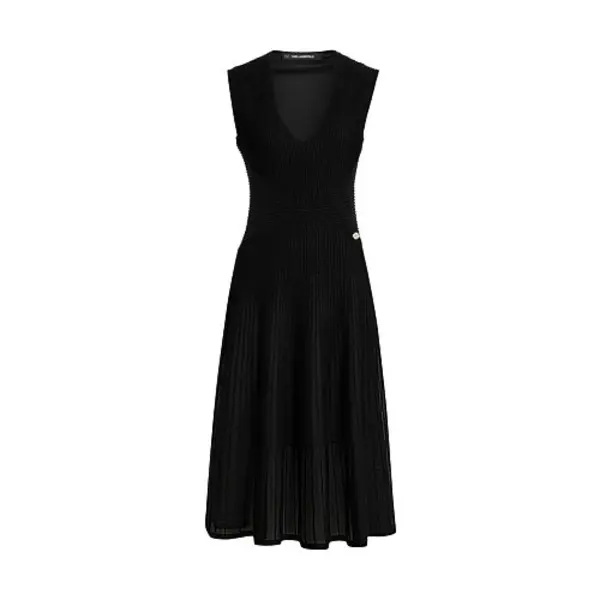 Sleeveless V-Neck Ribbed Knit Midi Dress