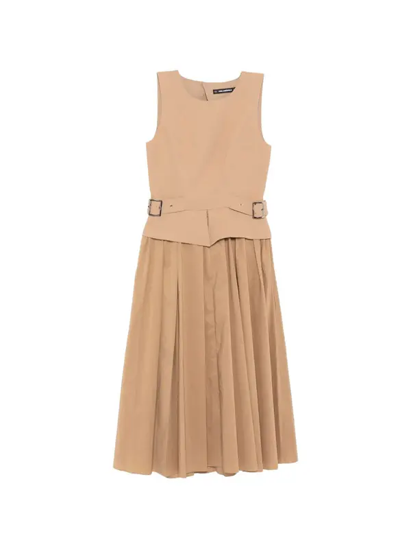 Sleeveless Belted Waist Pleated Midi Dress