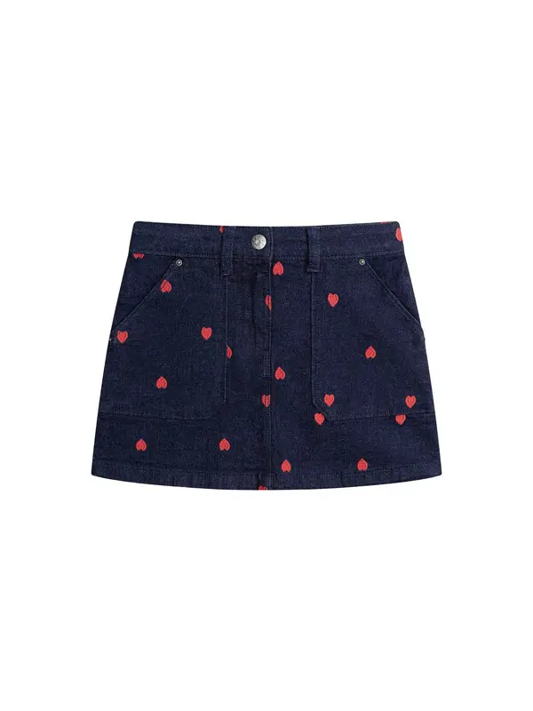 Denim Short Skirt with Heart Embroidery 