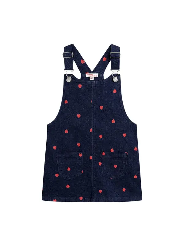 Denim Pinafore Dress With Red Heart Embroidery