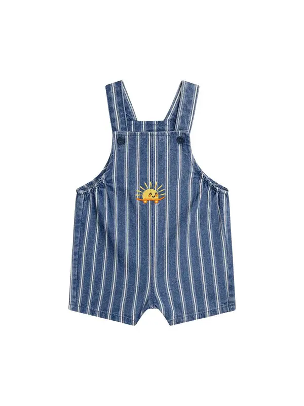 Kids Baby Boy Blue & White Striped Denim Overalls with Sun Embroidery
