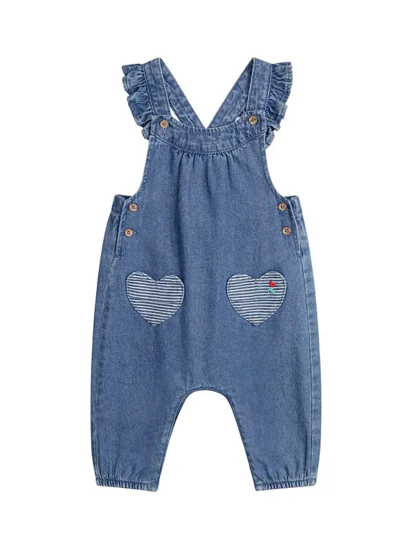 Kids Baby Girl Denim Overalls with Embroidered Heart Pockets