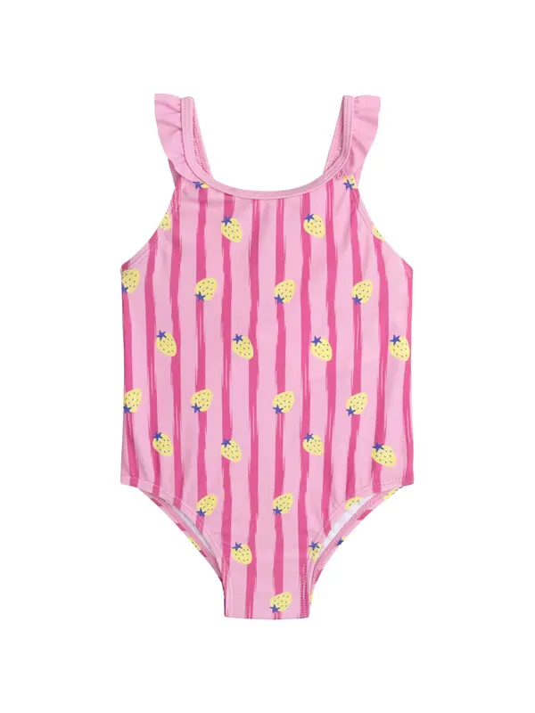 One-piece Striped Pink Swimsuit with Strawberries Prints
