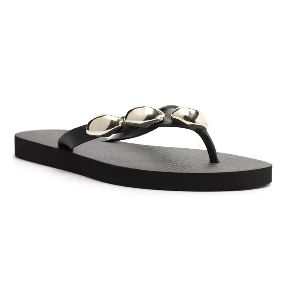Black Flip Flops with Gold Shell-Shaped Studs Image