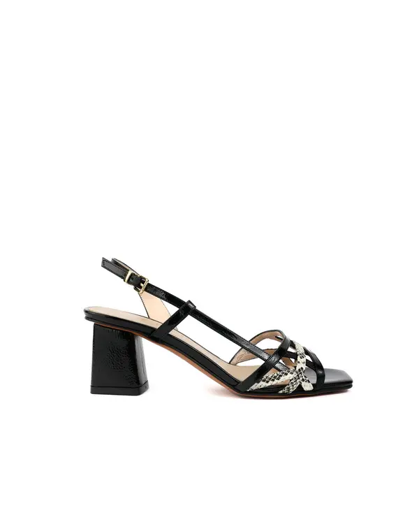 Patent Block Heel Slingback Sandals with Snakeskin Detail