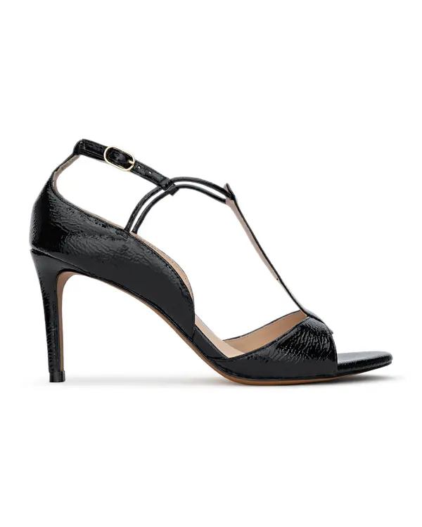 Crinkled Patent Leather T-Strap High Heel  Sandals