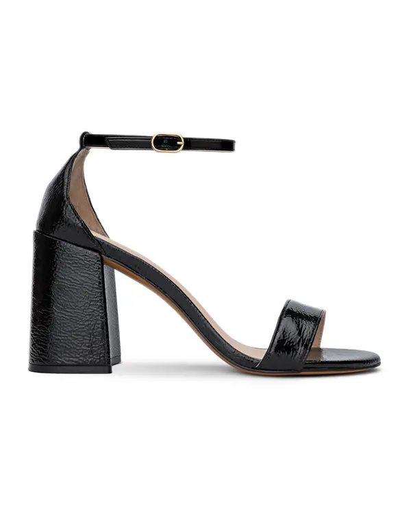 Crinkled Patent Leather Ankle Strap Block Heel Sandals
