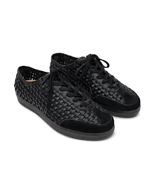 Woven Leather Lace-Up Sneakers with Suede Toe Caps