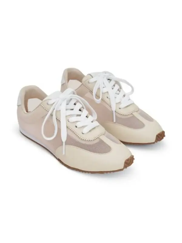 Mesh and Leather Paneled Sneakers with Scalloped Trim