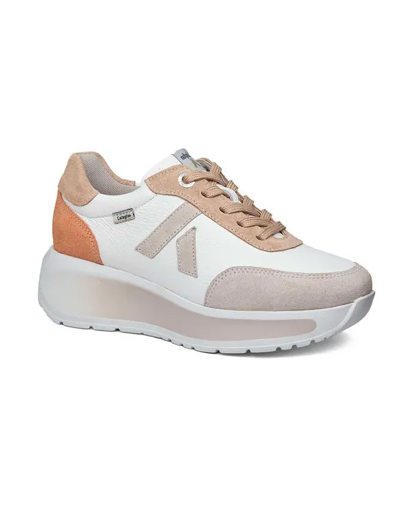 White and Beige Leather Sneakers with Orange Accents and Platform Wedge Sole