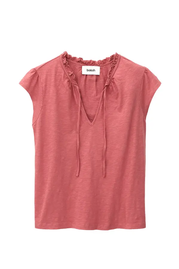 Ruffled V-Neck Slub T-shirt