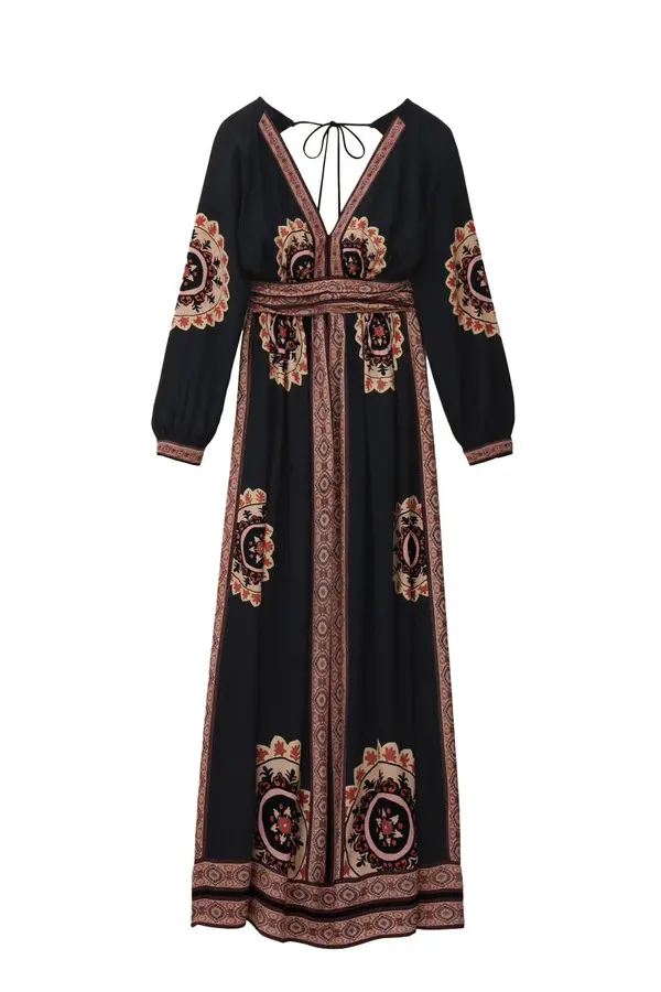 Bohemian Maxi Dress with Medallion Print and V-Neckline