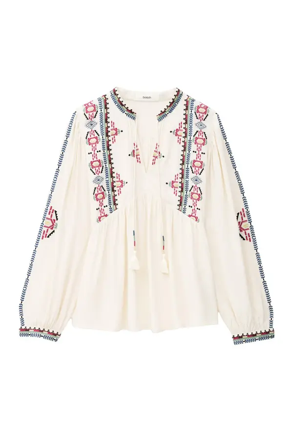Embroidered Peasant Blouse with Tassel Ties and Long Sleeves