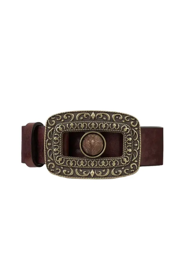 Boho-Chic Ornate Buckle Leather Belt with Center Stone