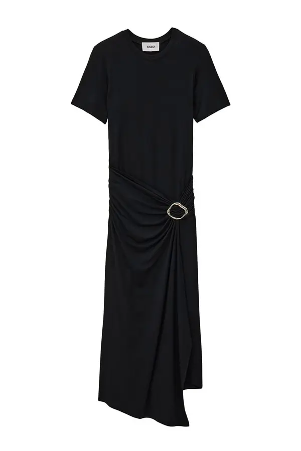 Short-Sleeve Midi Dress with Ruched Side and Buckle Detail