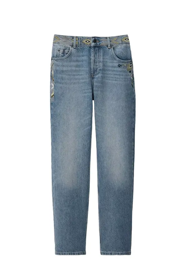 Straight-Leg Jeans with Embroidered Waistband and Pocket Detail