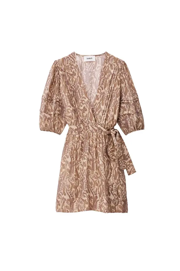 Floral Paisley Mini Wrap Dress with Ruffled Puff Sleeves