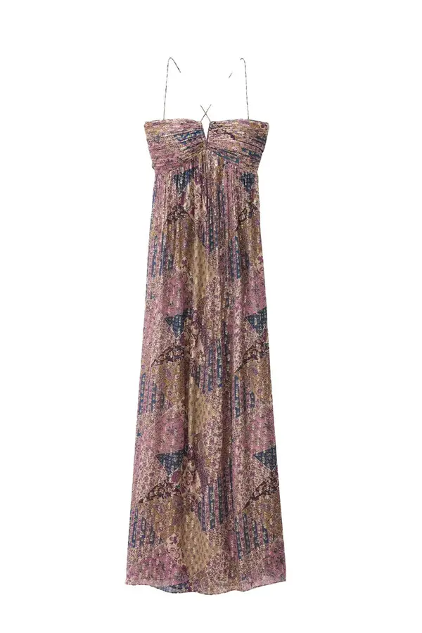 Bohemian Metallic Patchwork Maxi Dress with Ruched Bodice