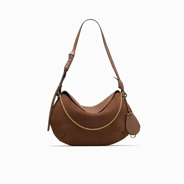 Taupe Leather Crescent Shoulder Bagwith Gold Chain Detail Image