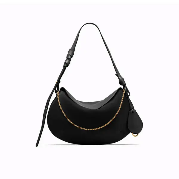 Black Leather Crescent Shoulder Bagwith Gold Chain Detail Image