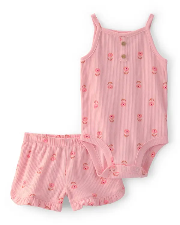 Kids Baby Girl 2-Piece Floral Sleeveless Bodysuit & Short Set - Pink